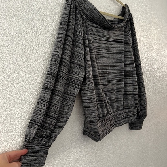ACTING PRO • Striped Grey & Black Off The Shoulder Top Blouse - Picture 6 of 7